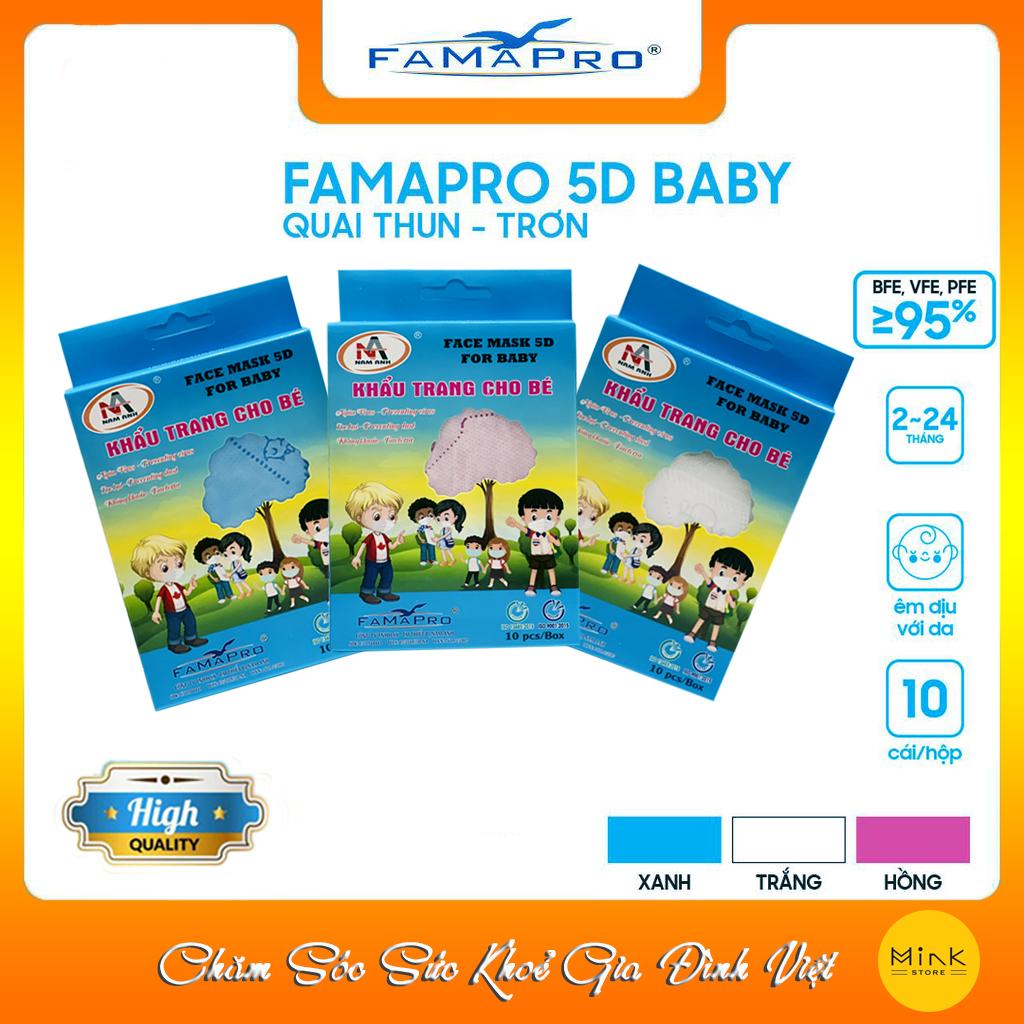 Combo 3 Hộp Khẩu Trang Y Tế 3 Lớp Trẻ Em Famapro 5D Baby Trơn : Xanh + Trắng + Hồng (10 Cái / Hộp)