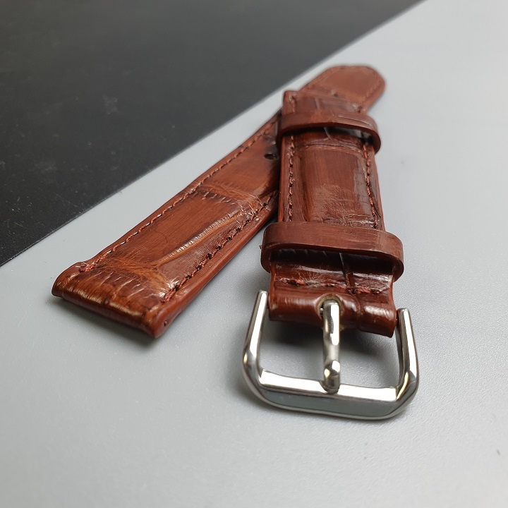 Dây đồng hồ da cá sấu AL107 – Nâu đỏ Size 20/ Size22; 100% da cá sấu thật, BH 3 năm