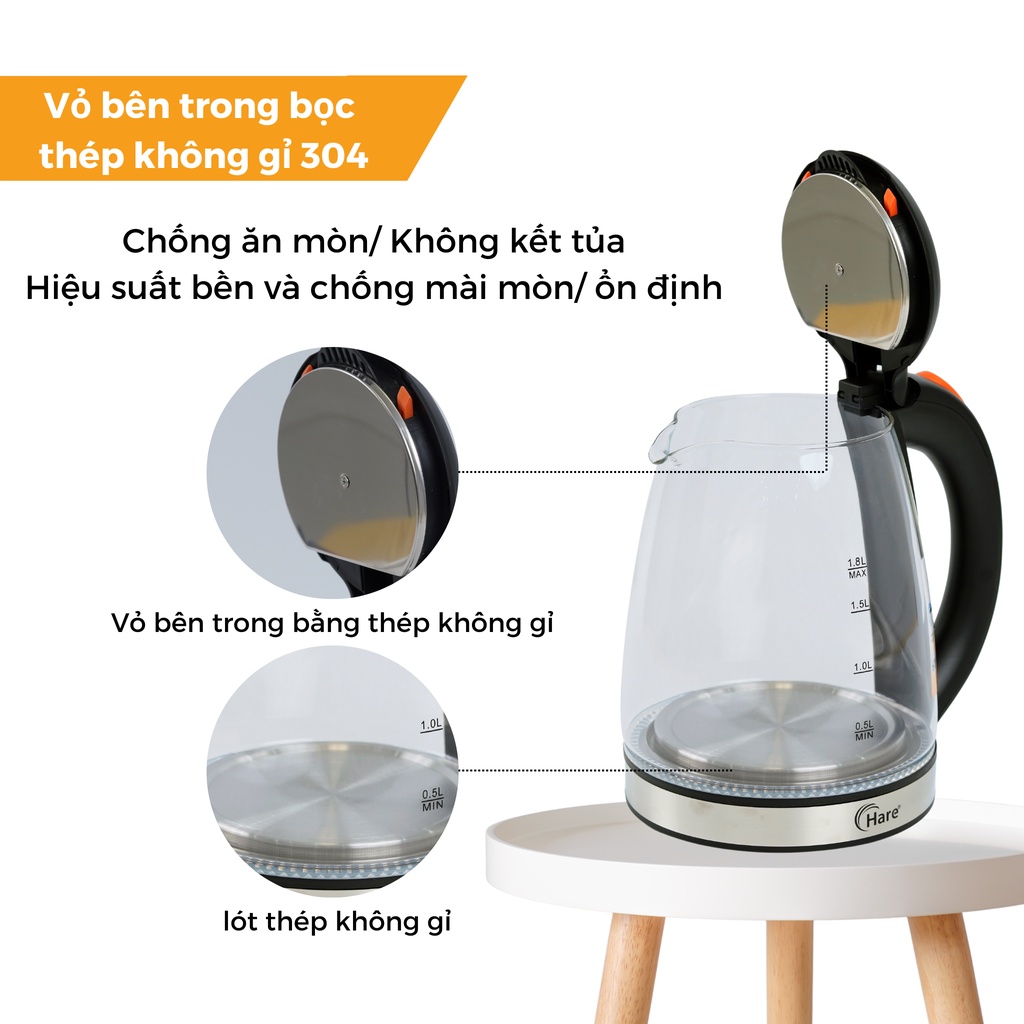 Ấm đun siêu tốc HR-KE1806 (1.8L) đun sôi nhanh trong 5 phút -hàng chính hãng thương hiệu Hare - bảo hành 12 tháng