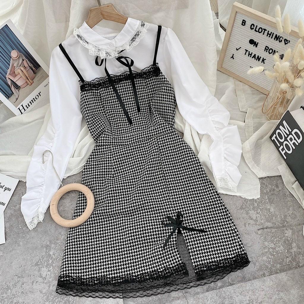 Set yếm caro đen viền ren + áo sơ mi trắng tay rút