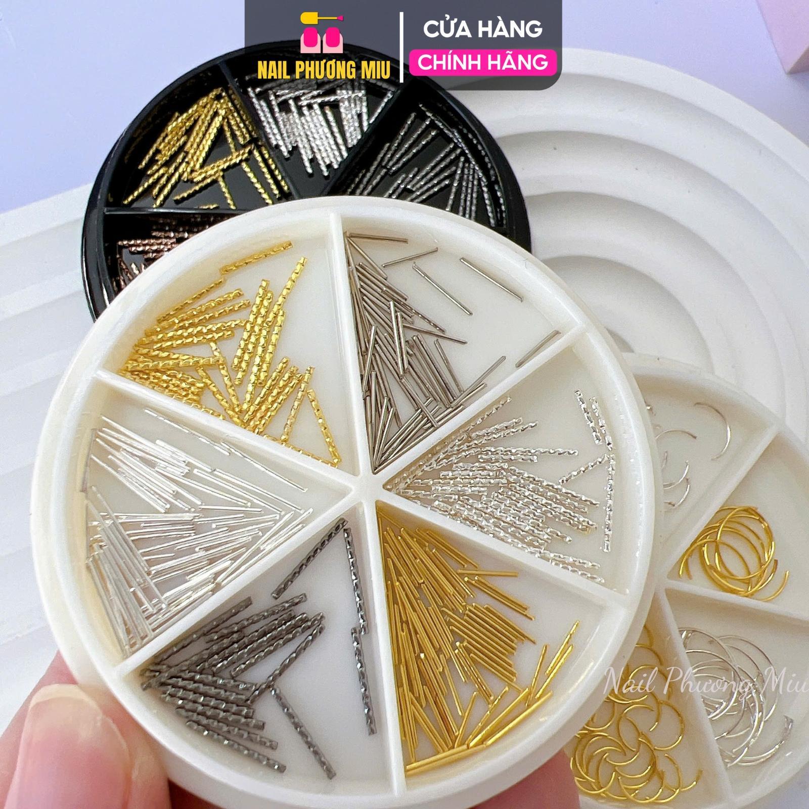 Set Charm Thẳng Cong Kim Loại Làm Nail Khay Nhựa Tròn 6 Ngăn Mix Màu Cao Cấp Trang Trí Móng Vàng, Bạc Và Đồng-nail Phương Miu Nữ Women