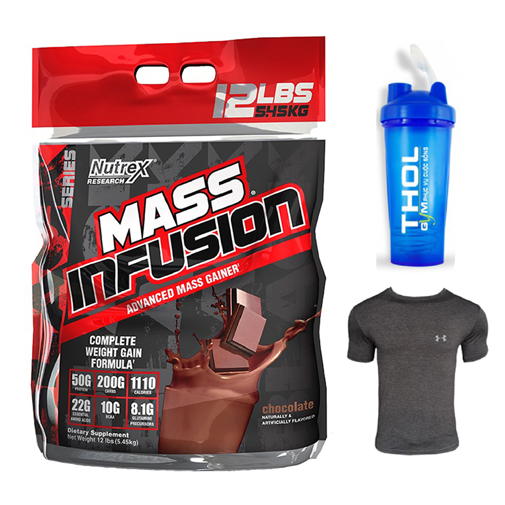 Combo Sữa tăng cân tăng cơ Mass Infusion của Nutrex hương Chocolate bịch Lớn 5.45kg hỗ trợ tăng cân, tăng cơ nhanh cho người gầy kén ăn, khó hấp thụ thức ăn & Bình lắc 600 ml (Màu Ngẫu Nhiên) & Áo Gym đen size M