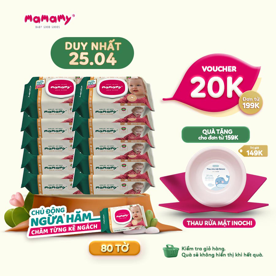 Combo 10 gói khăn ướt Mamamy ngừa hăm, rôm sảy 80 tờ/ gói, có nắp, hương thơm mát, an toàn cho trẻ sơ sinh