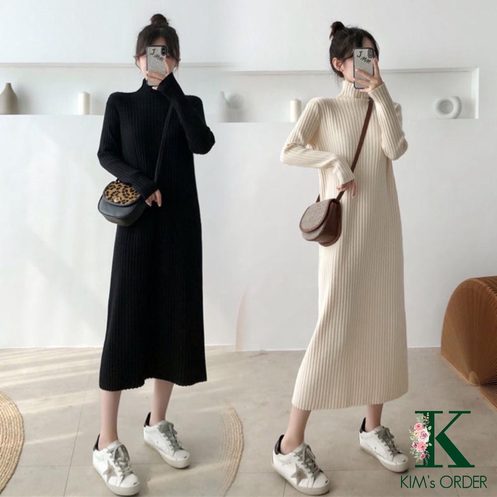 Váy len nữ dáng dài suông đầm len cổ lọ màu đen be nâu basic phom rộng hàng Quảng Châu cao cấp Style Hàn Quốc