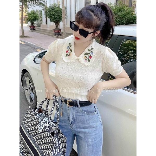 ÁO CROPTOP LEN CỔ BẺ THÊU HOA