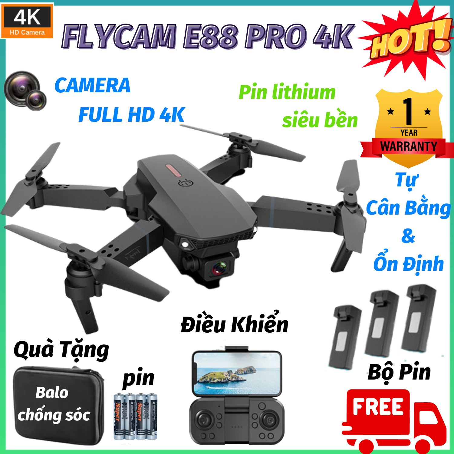 Hình ảnh Máy bay điều khiển từ xa, Flycam điều khiển giá rẻ E88 Pro 2 Camera quay video và chụp ảnh 4k, Giữ vị trí tốt, nhào lộn 360 độ - Hàng chính hãng