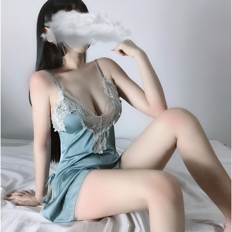 Váy ngủ lụa 2 dây họa tiết ren sọc ngực gợi cảm