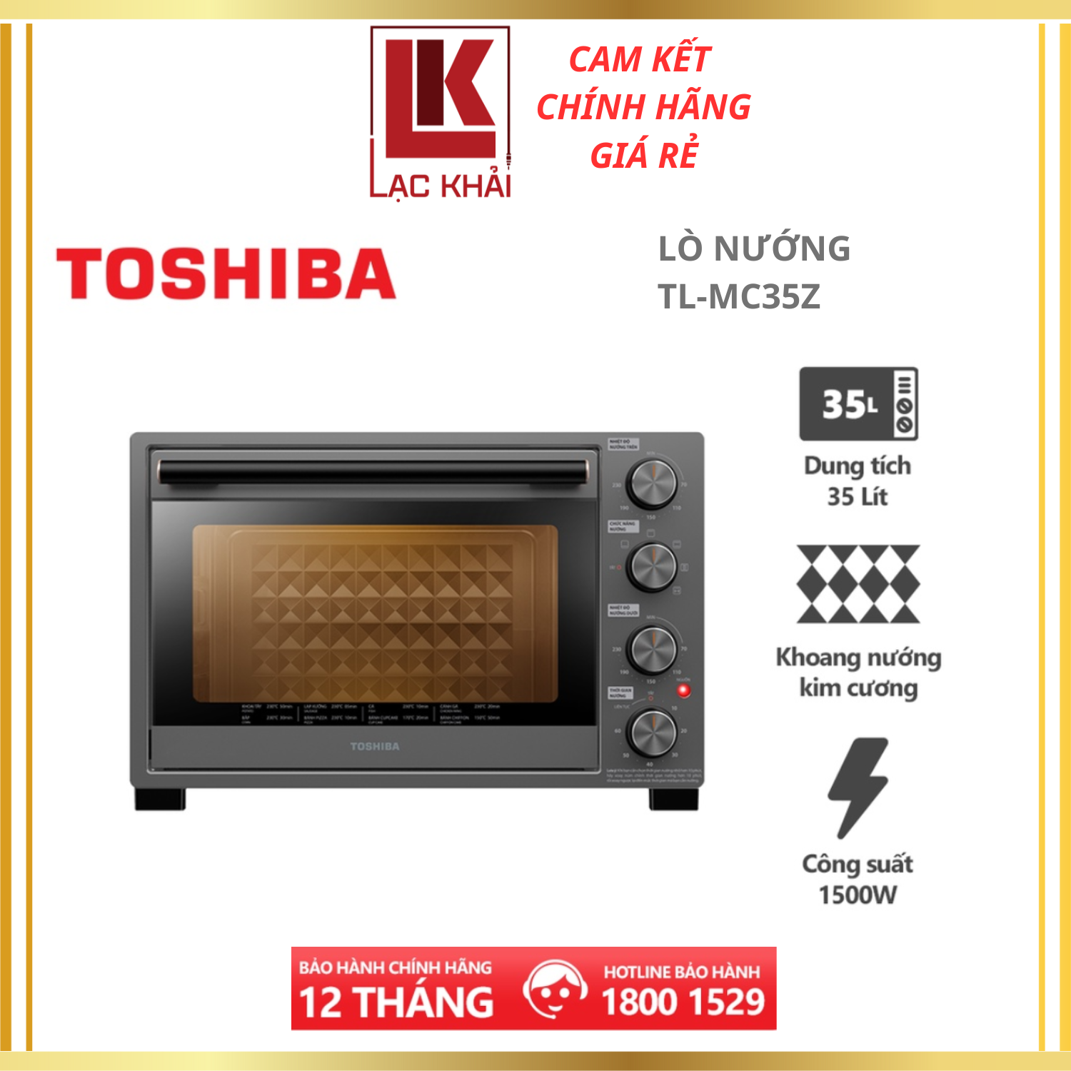 Lò nướng Toshiba TL-MC35Z - Dung tích 35L - Công suất 1500W. Hàng chính hãng, bảo hành 12 tháng, chất lượng Nhật Bản