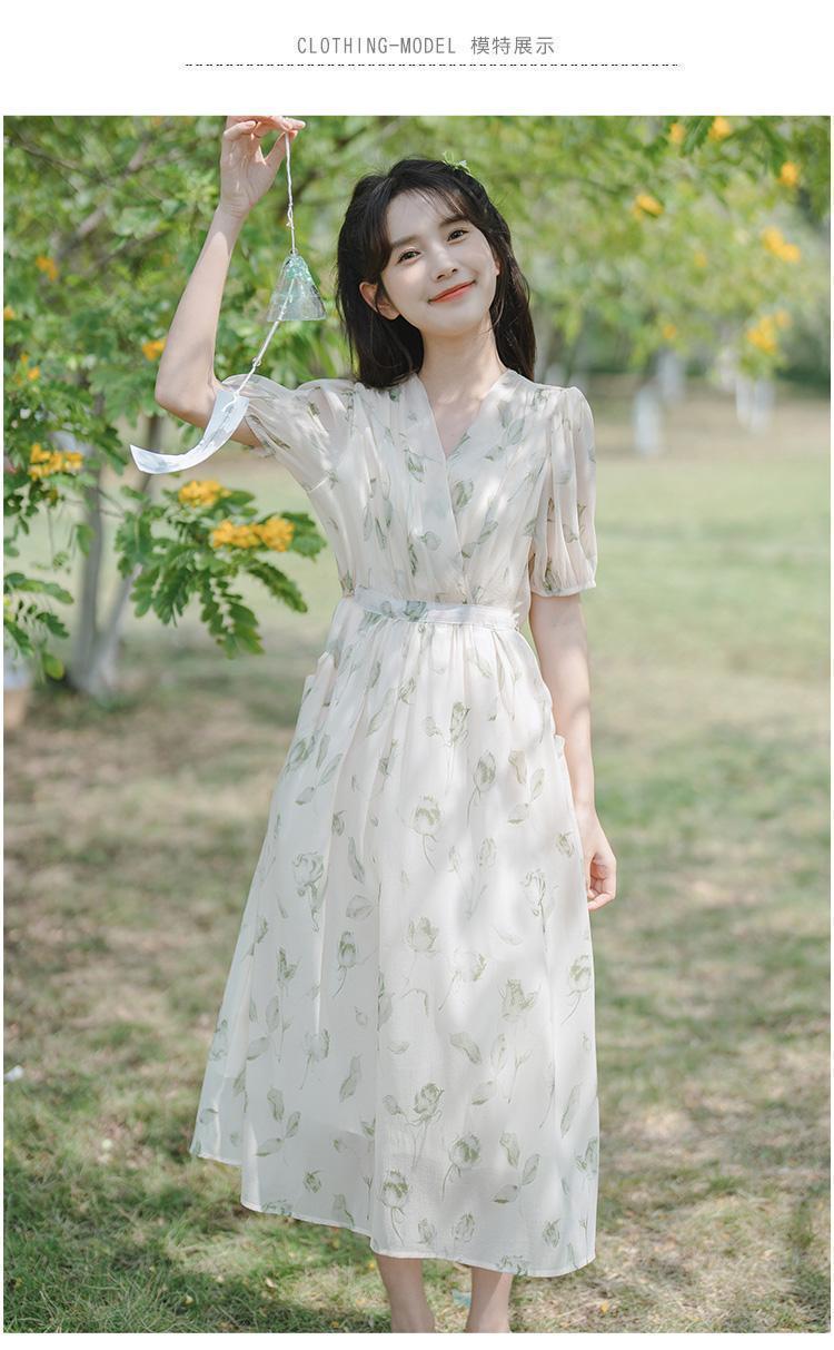 TOBE1SHOP Pháp nhỏ làm mới váy ngọt ngào thắt lưng ren-up trà nghỉ váy dài mùa hè hoa đầm phụ nữ