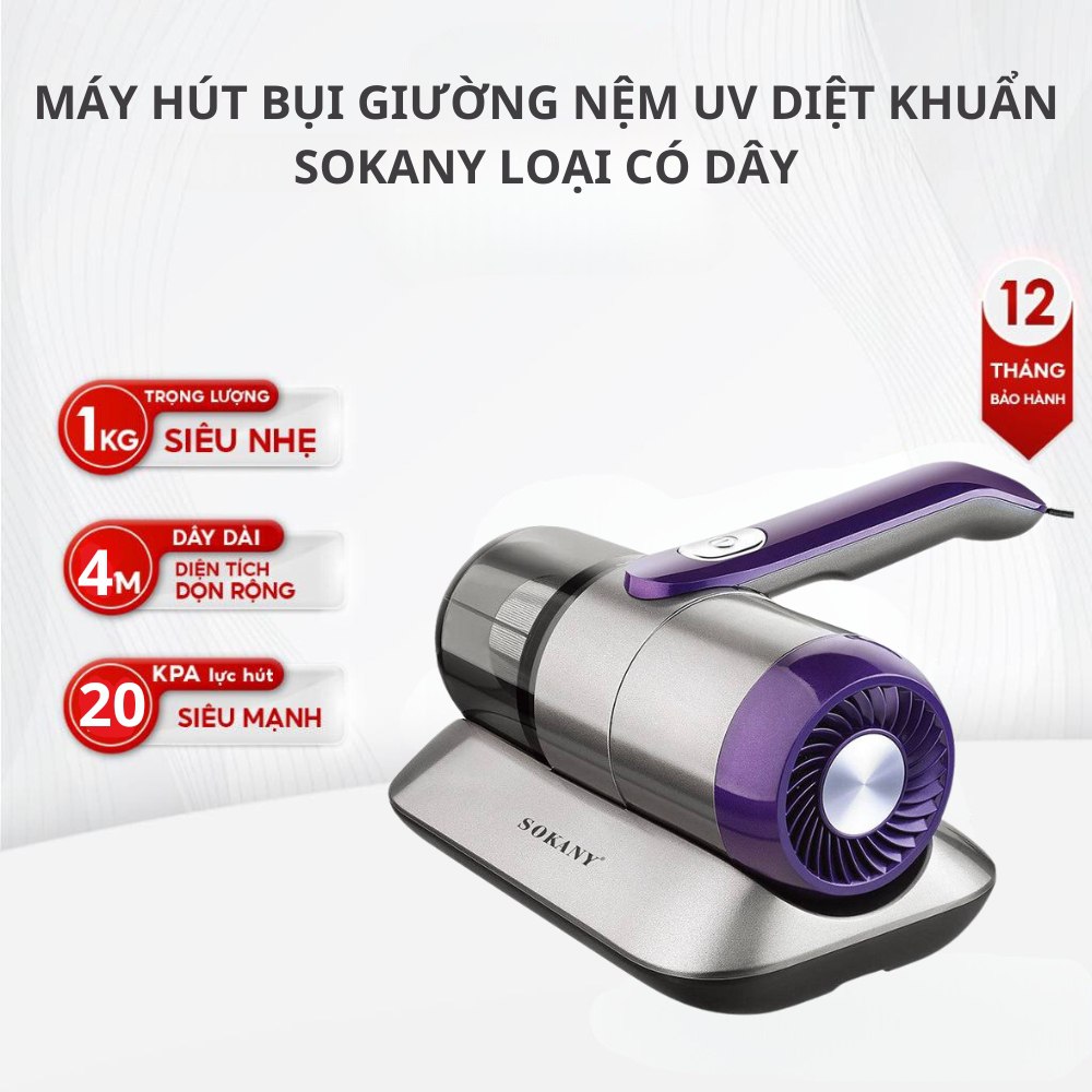 Máy hút bụi giường nệm diệt khuẩn UV công suất cao 1400W SOKANY SK-13029 loại có dây lực hút mạnh - HÀNG CHÍNH HÃNG - DELIYA