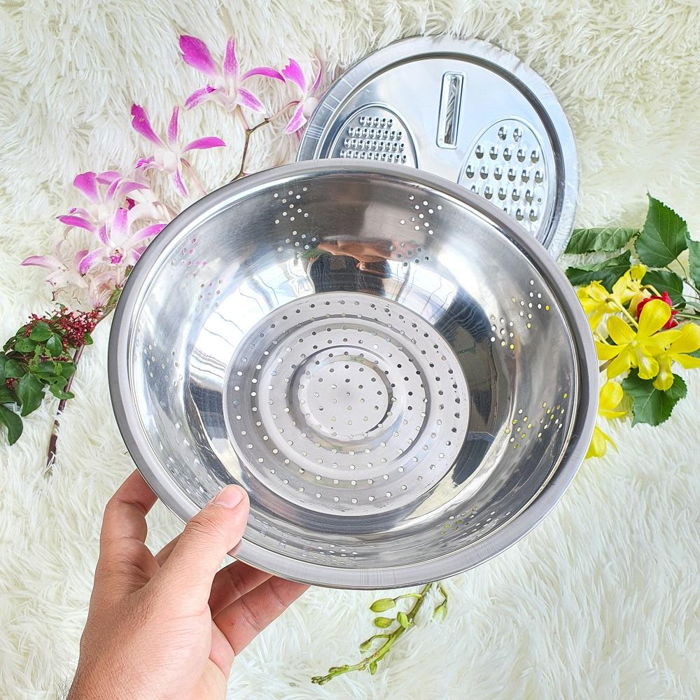 BỘ THAU RỔ BÀO RAU NẠO CỦ INOX KHÔNG RỈ 3 MÓN – DỤNG CỤ THÁI CẮT RAU CỦ 3 TRONG 1