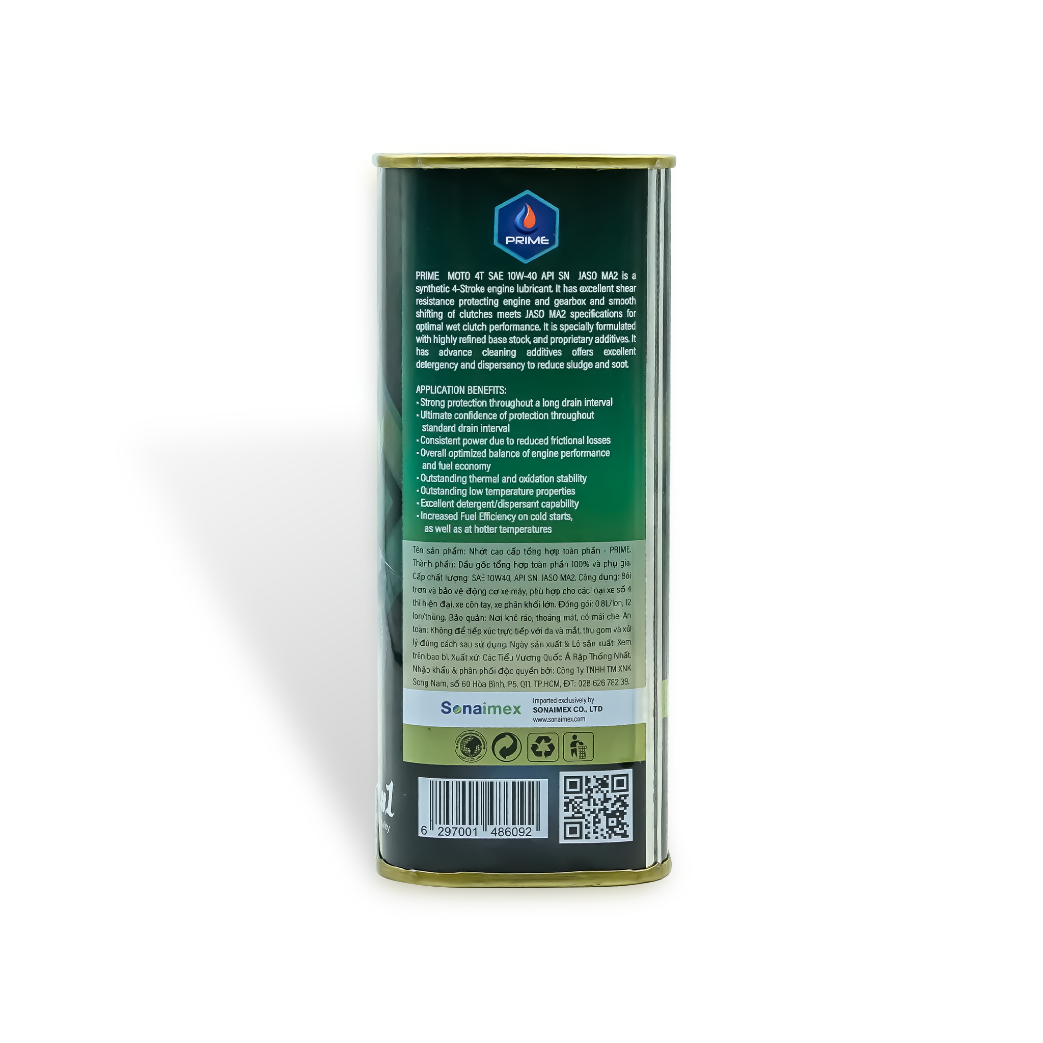 Nhớt tổng hợp toàn phần PRIME 10W40 SN MA2 Fully Synthetic, Lon vuông 800ml - Nhớt PRIME Lubricants Nhập Khẩu Dubai