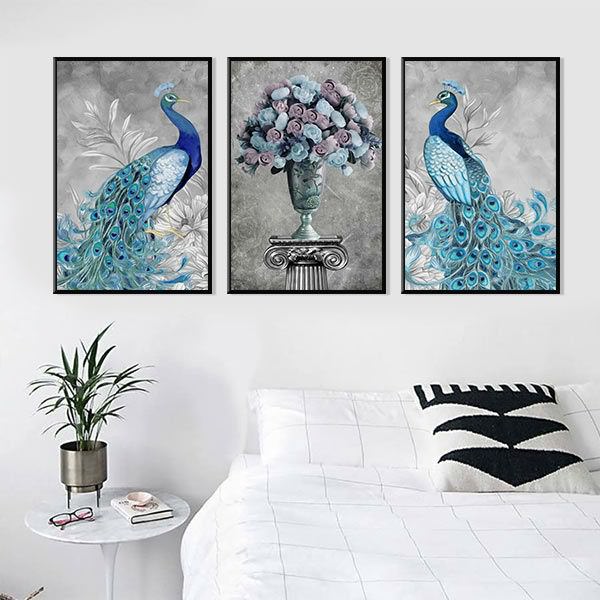 Bộ 3 Tranh Canvas Không Viền Chim Công Treo Tường "Đôi Khổng Tước" W291