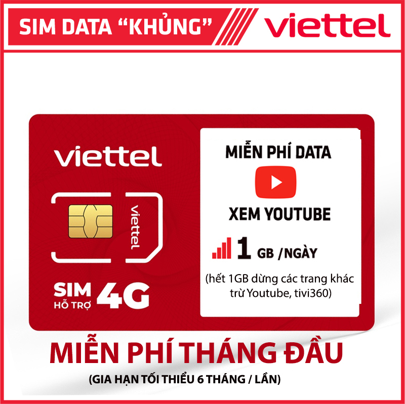 Sim 4G Viettel Miễn Phí Youtube + 1GB Data/Ngày – Thả Ga Xem Youtube Tốc Độ Cao Không Giới Hạn hàng chính hãng