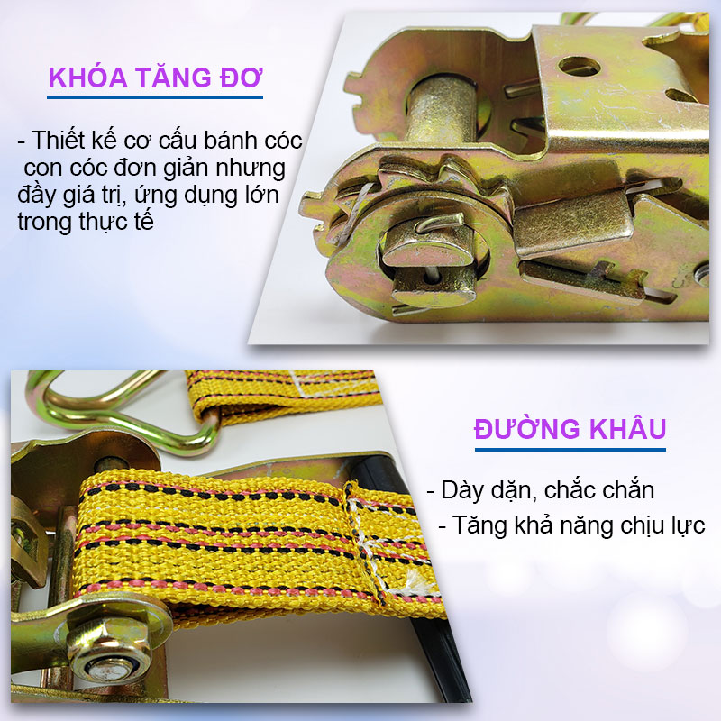 Dây chằng hàng, buộc hàng tăng đơ có móc, bản 4-5-6 cm chiều dài 6-8-10-12m - NIKITA - TẢI 1-5 TẤN- 2 MÀU XANH-VÀNG GIAO MÀU NGẪU NHIÊN