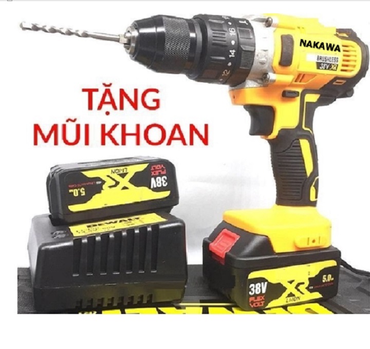 Bộ máy khoan pin 38V khoan tường, khoan sắt, khoan bê tông máy 2 pin, đảo chiều và mũi khoan