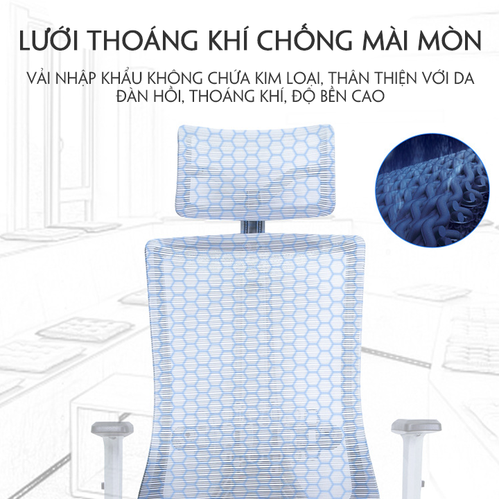 Ghế xoay văn phòng đệm cao su non thiết kế công thái học, đệm cao su non, bảo vệ lưng,tựa lưng và đầu điều chỉnh,lưới thoáng