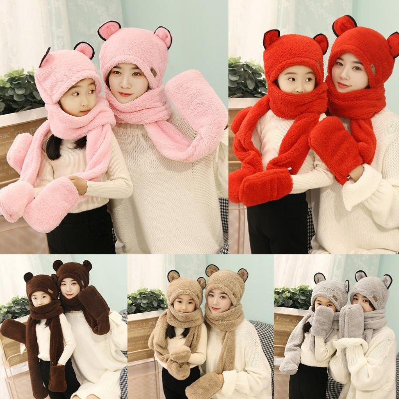 Cha Mẹ-Con Họ Phù Hợp Với Mùa Đông 3 Trong 1 Khăn Mũ Găng Tay Mẹ Trẻ Em Dễ Thương Tai Gấu Mùa Đông Xòe Sang Trọng áo Hoodie Earflap Beani