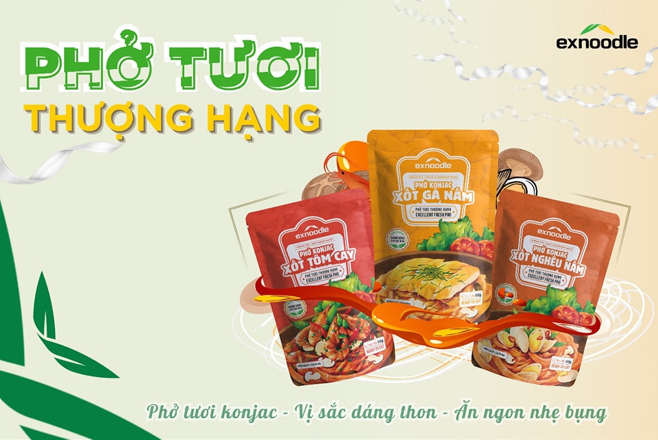 Combo 6 gói Phở konjac trộn xốt mix 3 vị-Phở tươi thượng hạng Exnoodle, ít calorie,giàu xơ,không chất bảo quản, sd trực tiếp