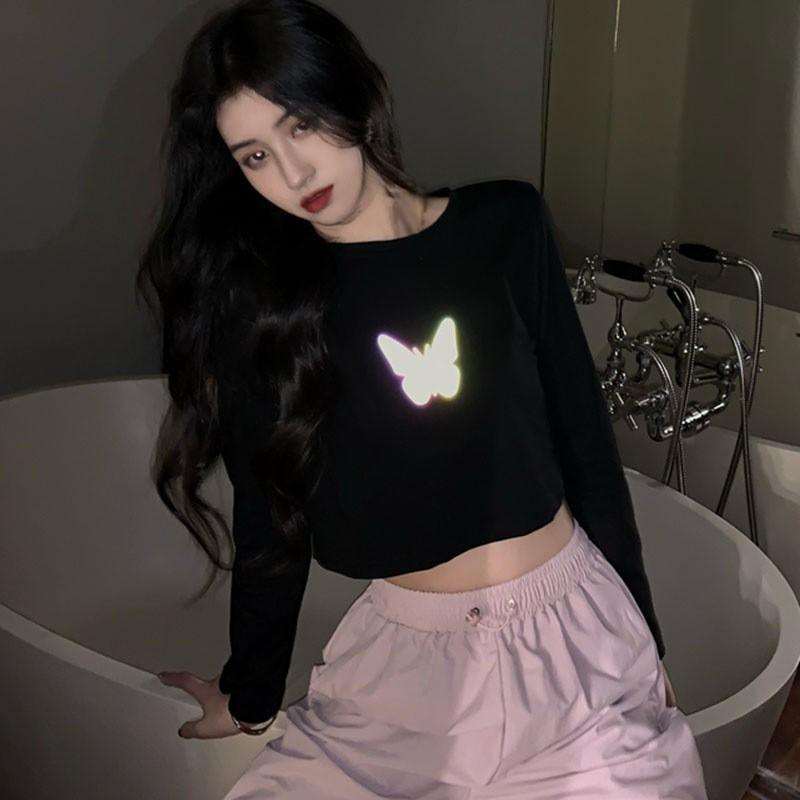 Áo Thun Tay Ngắn Họa Tiết Hình Bướm Phản Quang Dễ Thương Cho Nữ