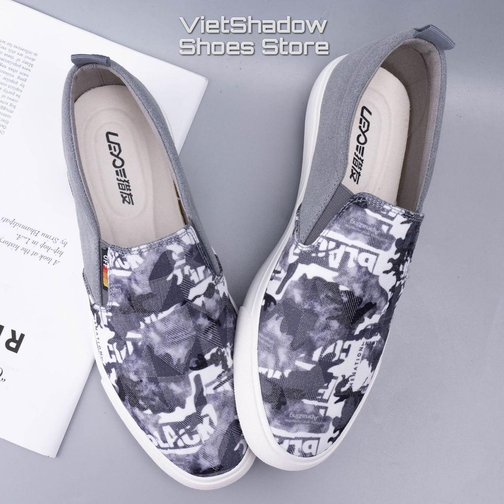 Slip on nam - Giày lười vải nam in họa tiết thương hiệu LEYO - Chất liệu vải bố kết hợp lộn 2 màu xám và đen - Mã LY278