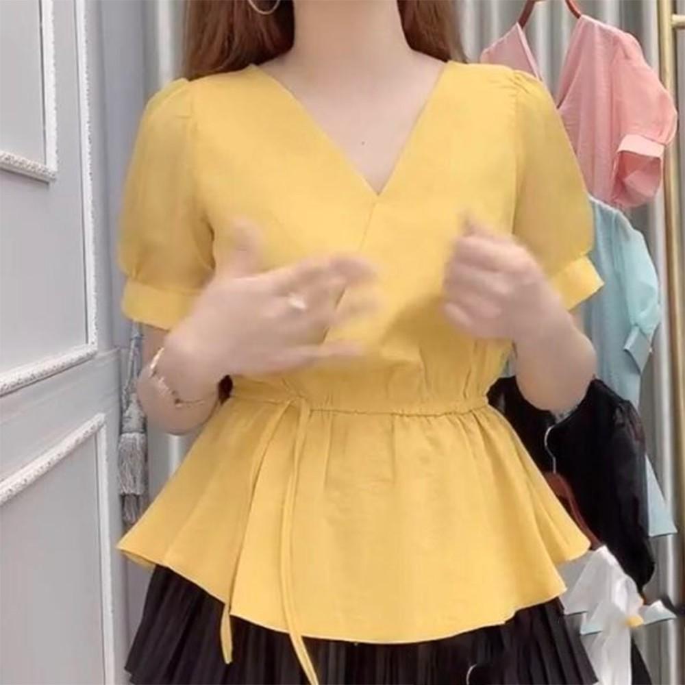 Áo Sơ Mi Kiểu Công Sở Ngắn Tay Chất Đũi Tay Voan Cổ Tim - 5 Màu Trắng Vàng Đen Xanh Hồng - Hanlly Fashion - A1