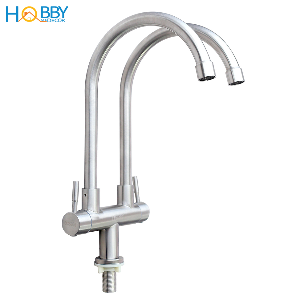 Vòi rửa chén lạnh 2 đầu Inox 304 HOBBY RC2D cao cấp không rỉ sét - có kèm dây cấp nước