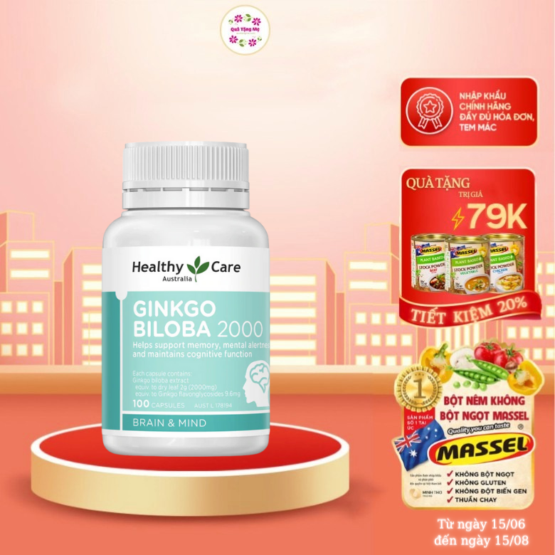 Bổ não Úc Healthy Care Ginkgo Biloba 2000, Giúp tăng tuần hoàn máu não, Cải thiện chức năng nhận thức, Trí nhớ, Giúp an thần và Giảm Stress (100 V/Hộp) - QuaTangMe Extaste