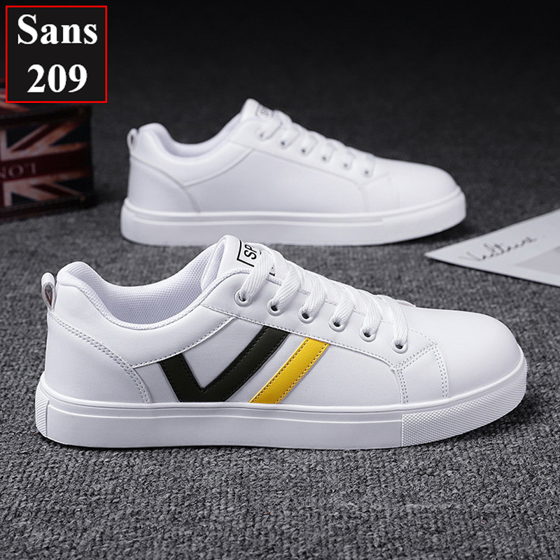 Giày thể thao nam sneaker Sans209 giầy sport trắng cổ thấp đế bệt sọc đen đỏ vàng bền đẹp thời trang hàn quốc trẻ trung