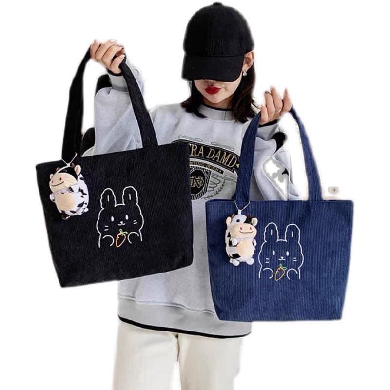 M376 Túi tote len gân chất liệu nhung gân + tặng kèm con bò sữa