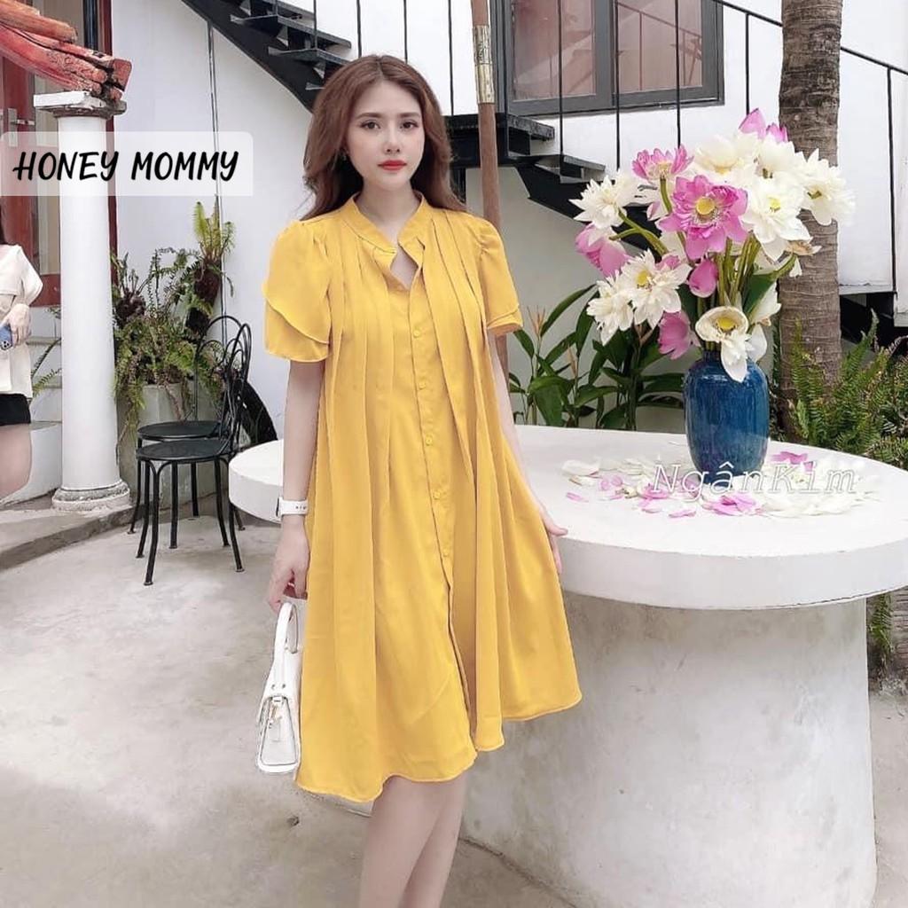 Váy Bầu Sơ Mi Cổ Tàu Xếp Ly Dáng Suông Công Sở HD2626 Honey Mommy Đầm Bầu Hè Ngắn Tay