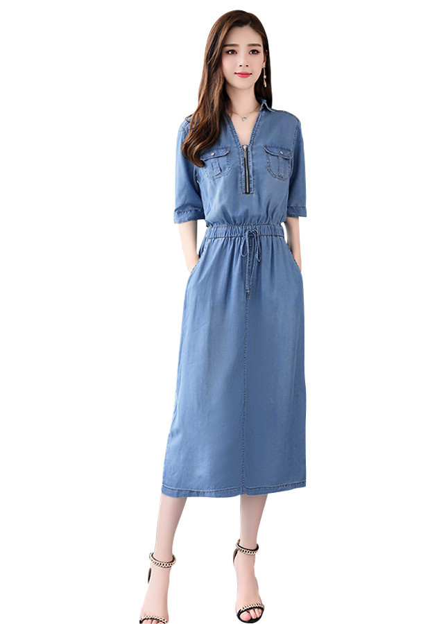 Đầm denim dáng dài phối dây kéo