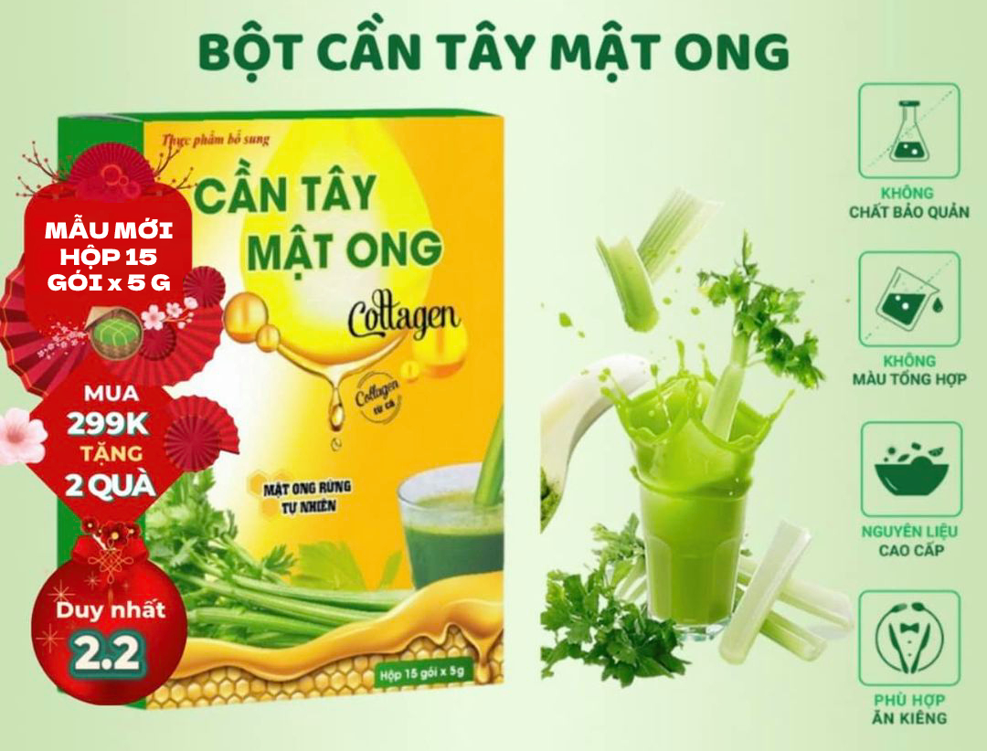 Bột cần tây mật ong Collagen Hộp 75g (15 gói) hỗ trợ giảm cân, detox cơ thể, làm đẹp da