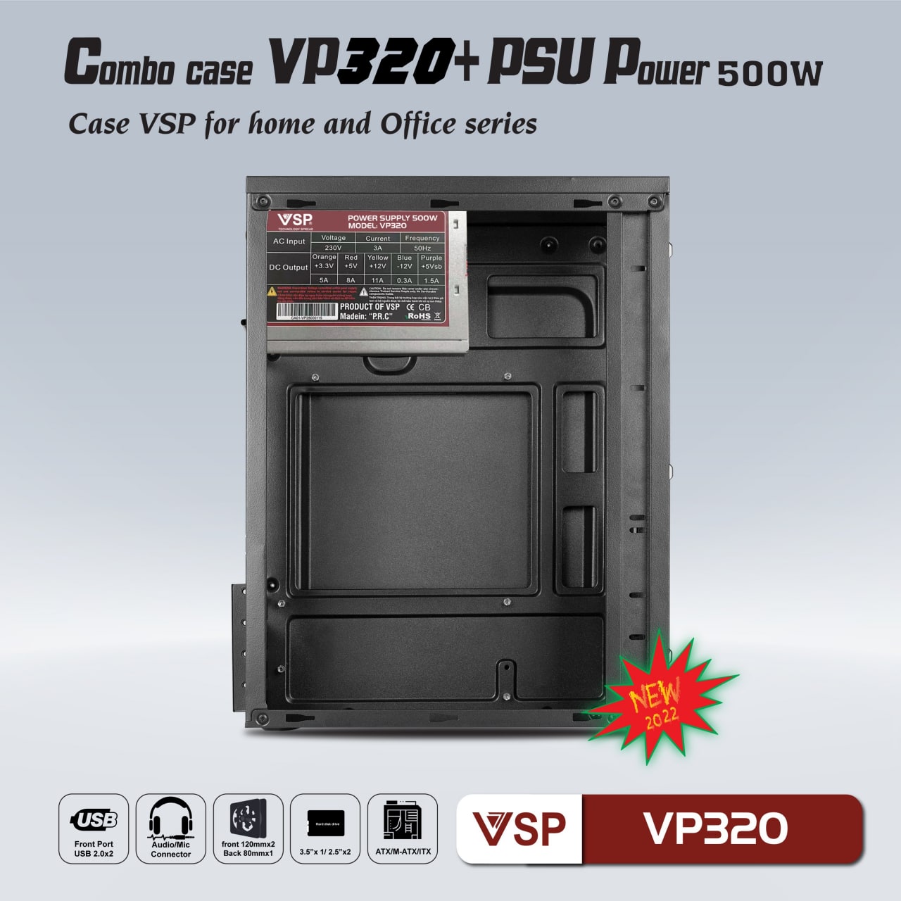 Bộ Case vỏ máy tính Nguồn VSP VP320 + 500w Black(Case Chuẩn mATX, Nguồn 500W)