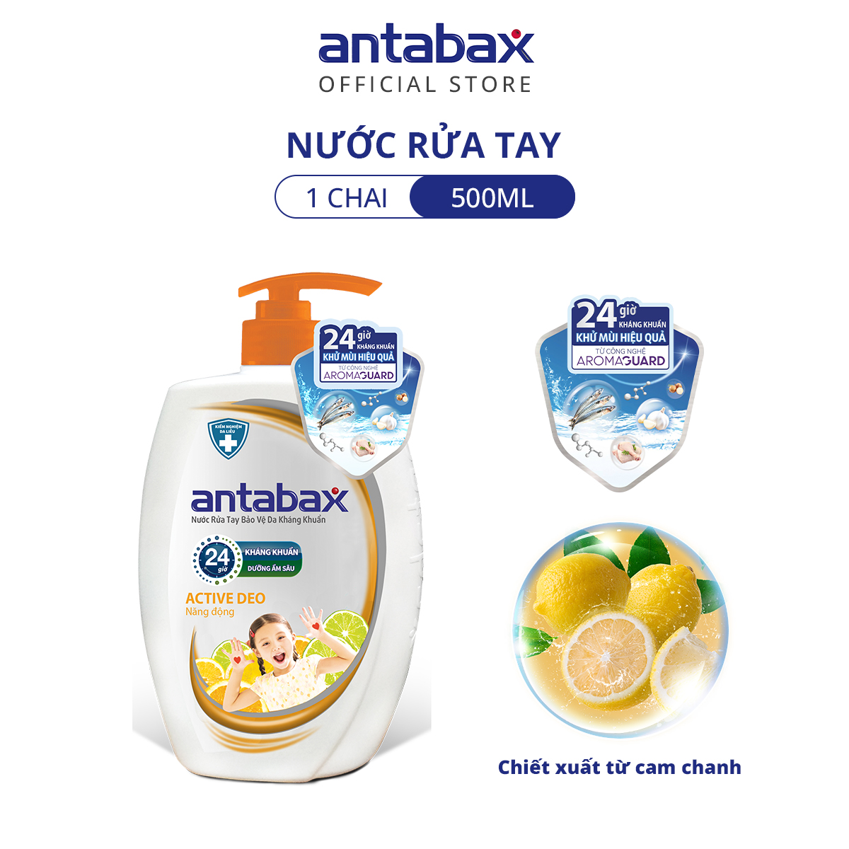 Nước Rửa Tay Bảo Vệ Da Kháng Khuẩn Antabax Active Deo Năng Động 500ml