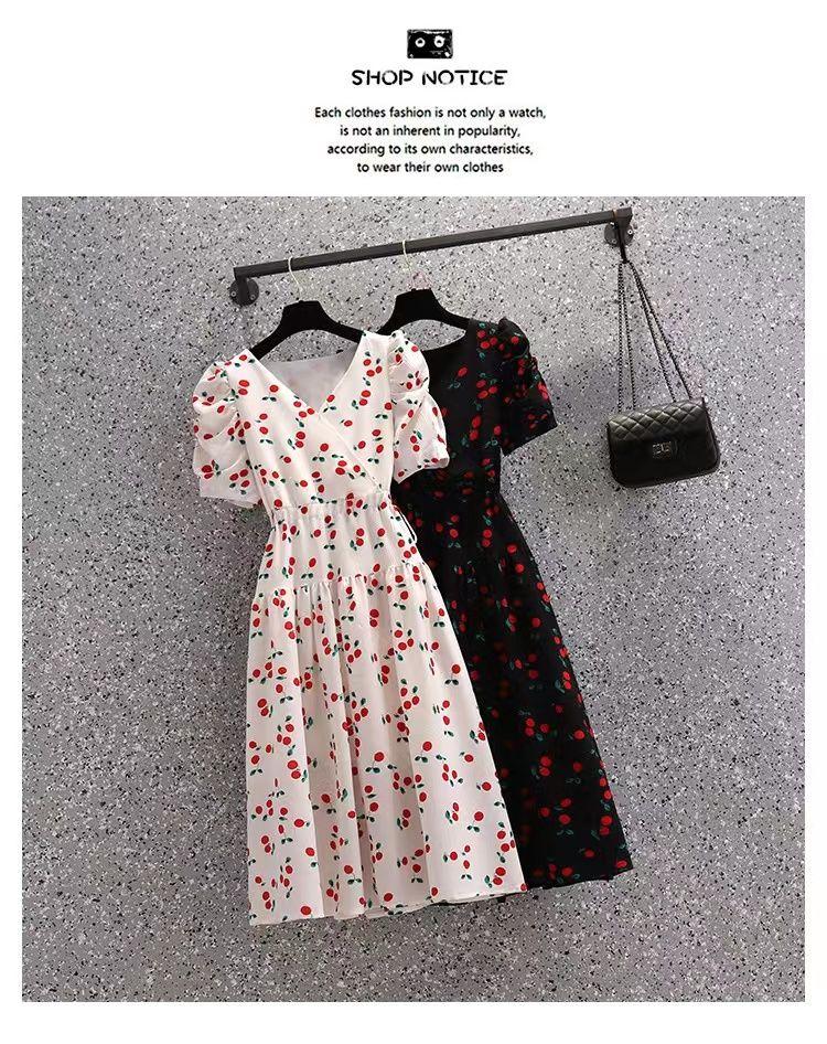 TOBE1SHOP Quần áo mùa hè 2023 Cherry in tay áo ngắn Vintage V cổ thắt lưng thiết kế cảm giác đầm cho phụ nữ