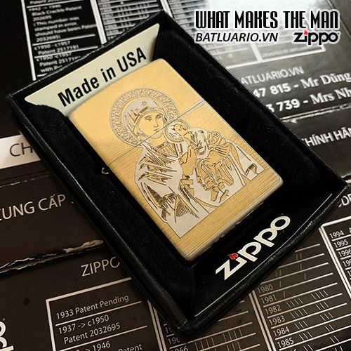 Bật Lửa Zippo 250 Trắng Bóng Khắc Đức Mẹ Bồng Con 03 – Zippo 250.Dmbc03