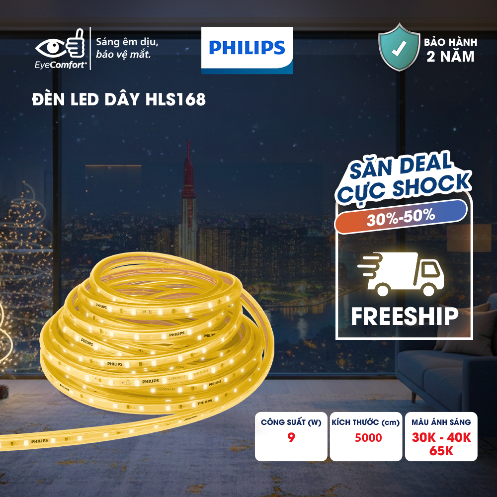 Đèn LED dây Philips HLS168 Cuộn 50m - Công suất 9W, ánh sáng vàng, ánh sáng trắng