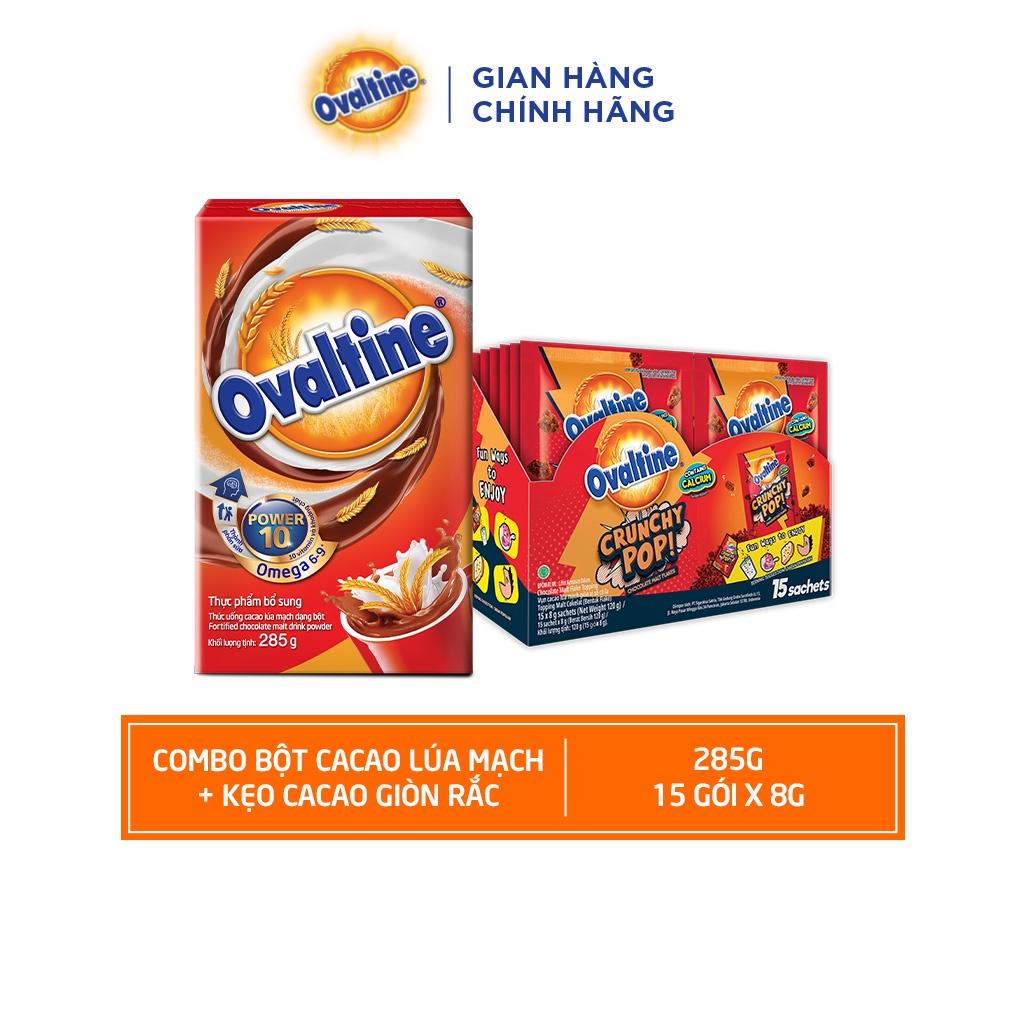 (COMBO) Bột Cacao Lúa Mạch Ovaltine - Hộp 285g + Kẹo Cacao Giòn Rắc - Hộp 15 gói x 8g