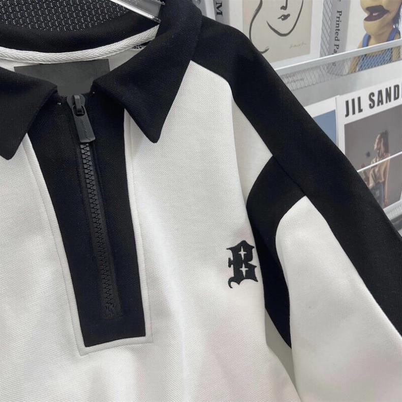 Áo Polo Cổ Khóa Pha Đen Trắng Thêu Sao Unisex Dáng Rộng
