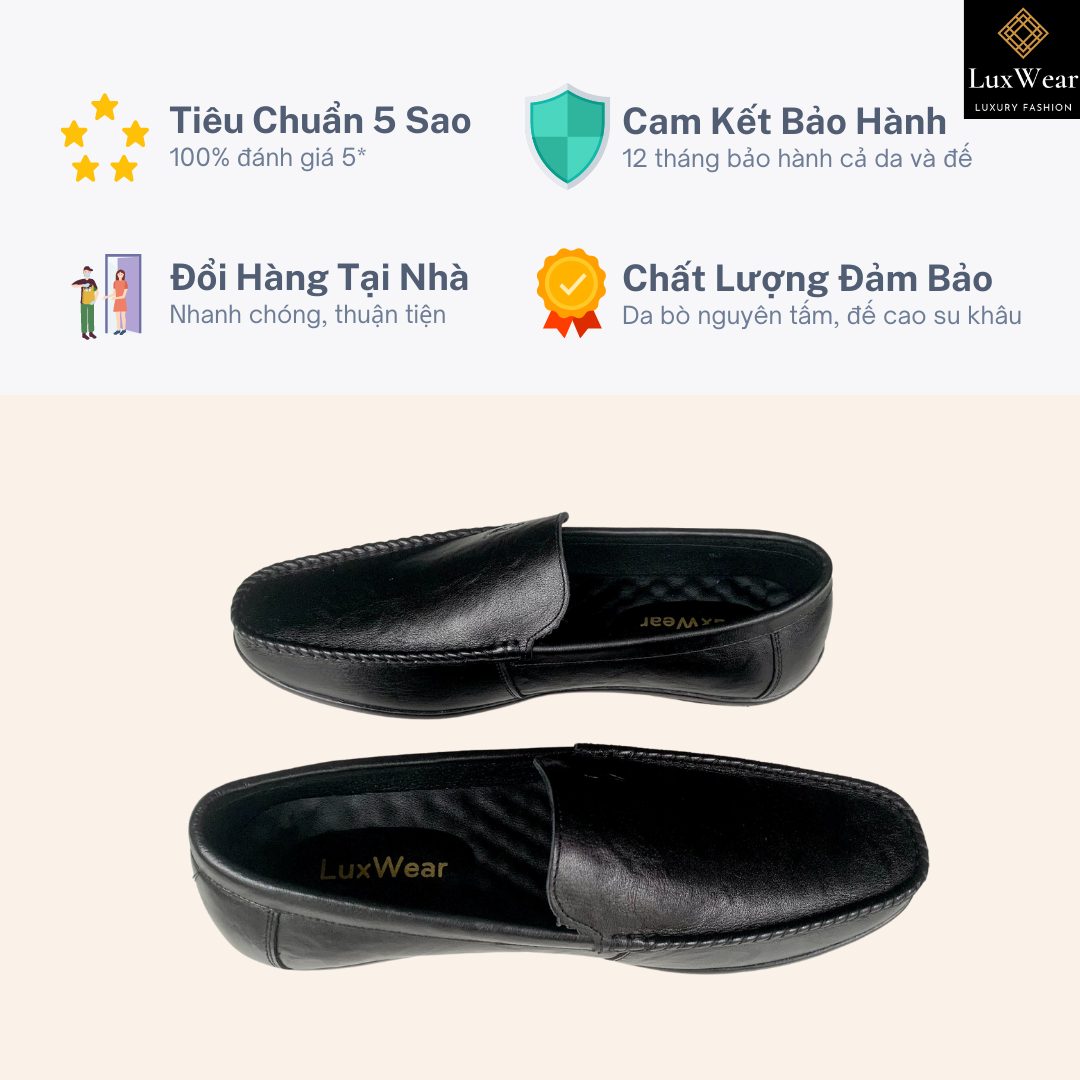 Giày lười nam da bò cao cấp đế khâu shoes màu đen bảo hành 12 tháng GM01