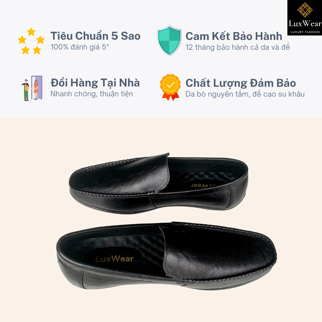 Giày lười nam da bò cao cấp đế khâu  shoes màu đen bảo hành 12 tháng GM01