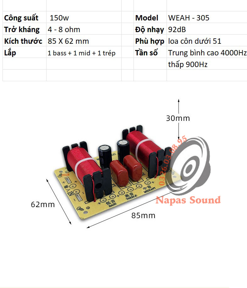 MẠCH PHÂN TẦN LOA 3 ĐƯỜNG TIẾNG WEAH305 - BASS MID TRÉP - CÔNG SUẤT NHỎ VÀ VỪA