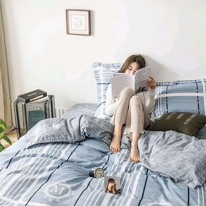 Bộ chăn ga Cotton poly M2T bedding chăn ga Hàn Quốc kẻ chữ M đủ size miễn phí bo chun