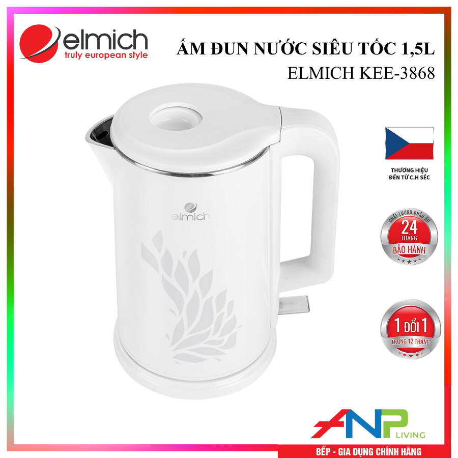 Ấm đun siêu tốc Elmich KEE-3868 (Mầu Trắng, Dung Tích 1,5 Lít, Công Suất 1800W) - Hàng Chính Hãng