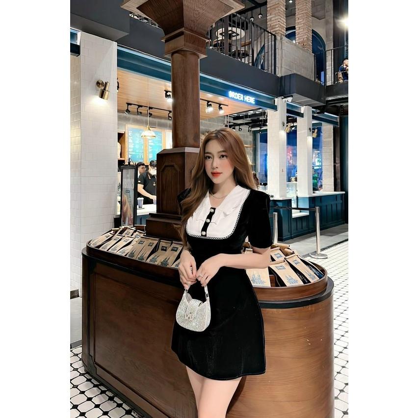Đầm nhung đỏ phối cổ bèo trắng đính nút dáng xòe dự tiệc cưới chơi Noel chúc tết
