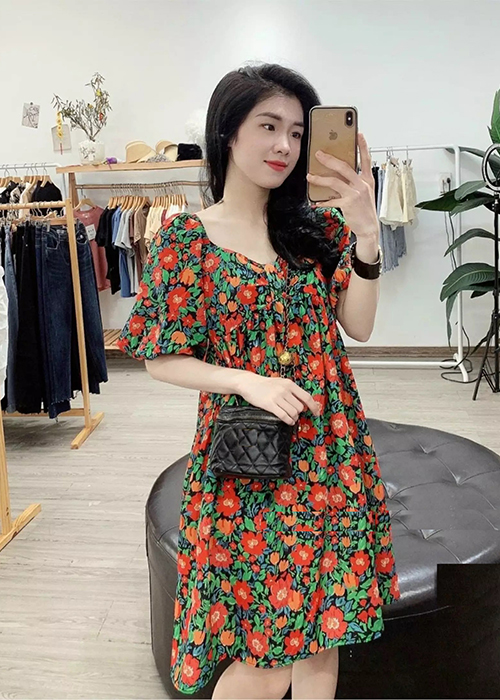 Đầm Xòe Tay Phồng In Hoa Nhí Duyên Dáng