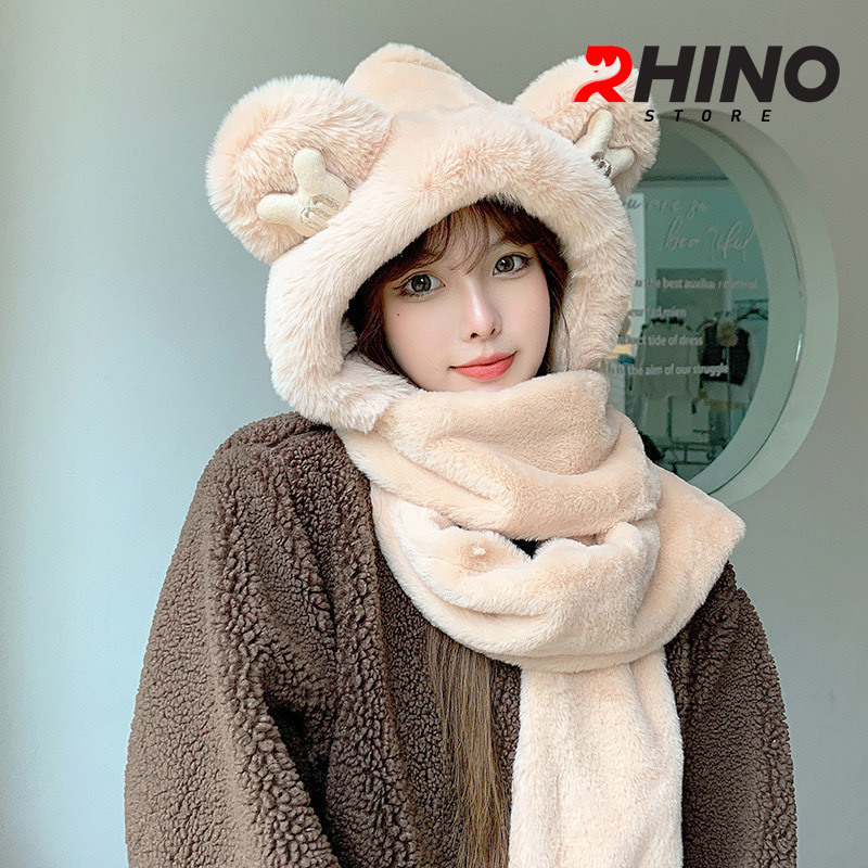 Mũ lông, mũ len kèm khăn quàng Rhino WS101 ấm áp, dễ thương hàng chính hãng