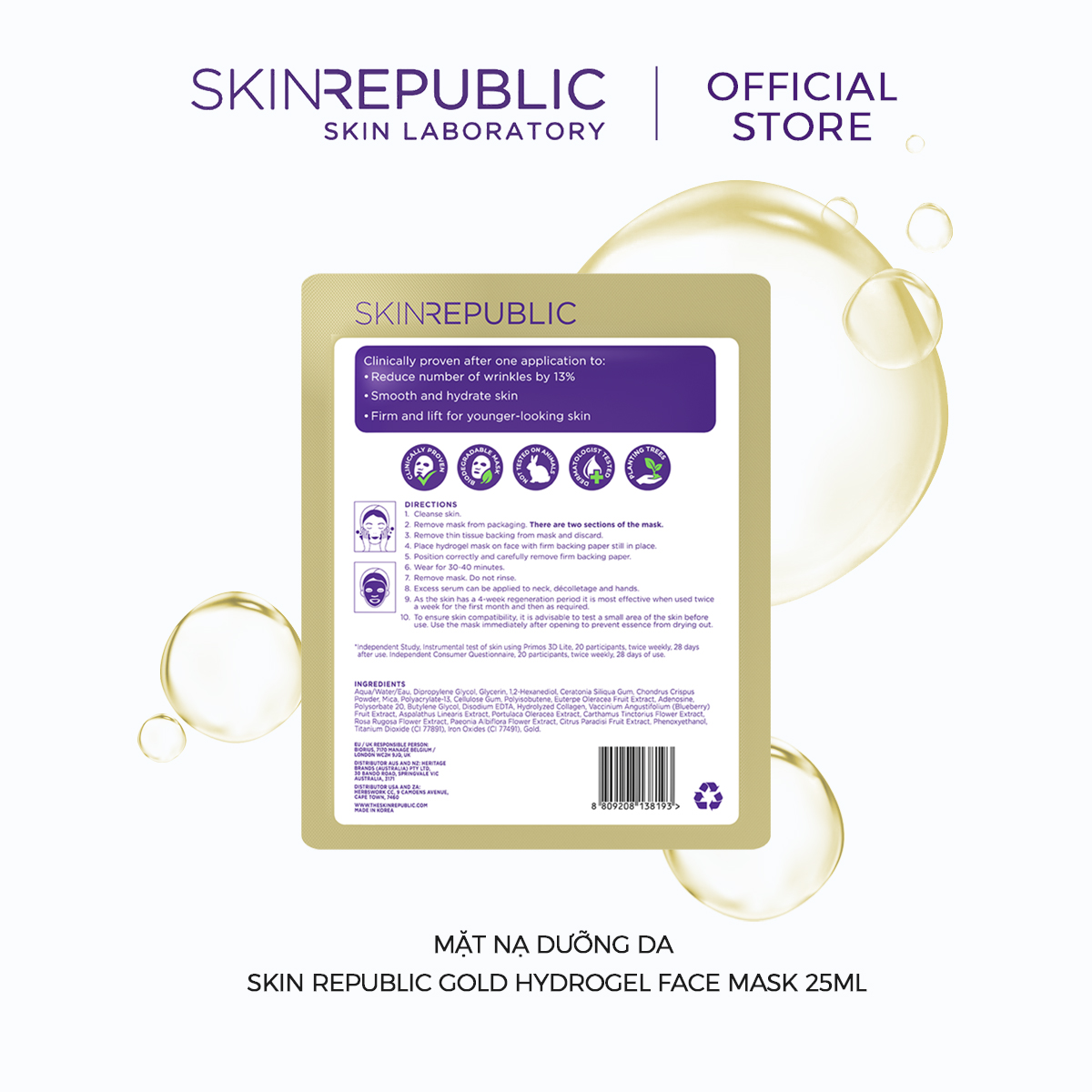 Combo 10 Mặt nạ dưỡng da Skin Republic Gold Hydrogel Face Mask 25ml