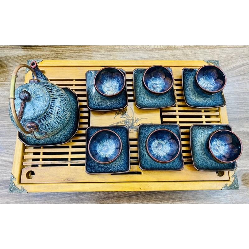 Bộ Ấm Chén Men Hoả Biến Cao Cấp Quai Đông
